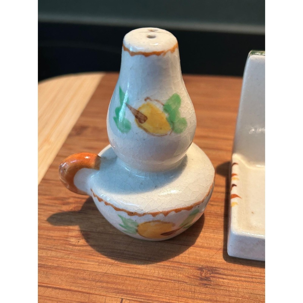 Vintage Ceramic Salt and Pepper Shakers with Wall Mount Shelf Fruit Hand Painted - Picture 6 of 14